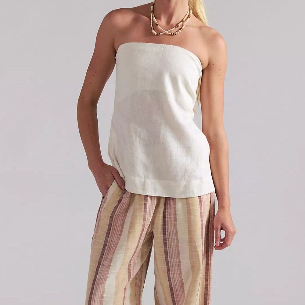 Free People Free Est Bernadette Linen Tube Top Breezy Strapless Ivory M 291095